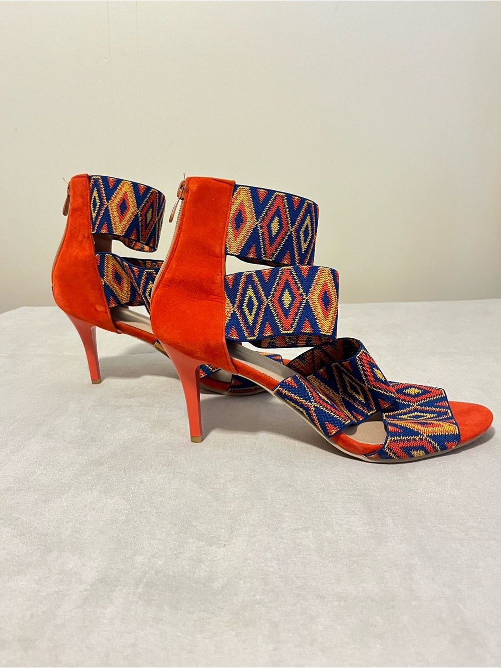 Women’s blue orange Aztec peep-toe high heel sandals size 11 New
